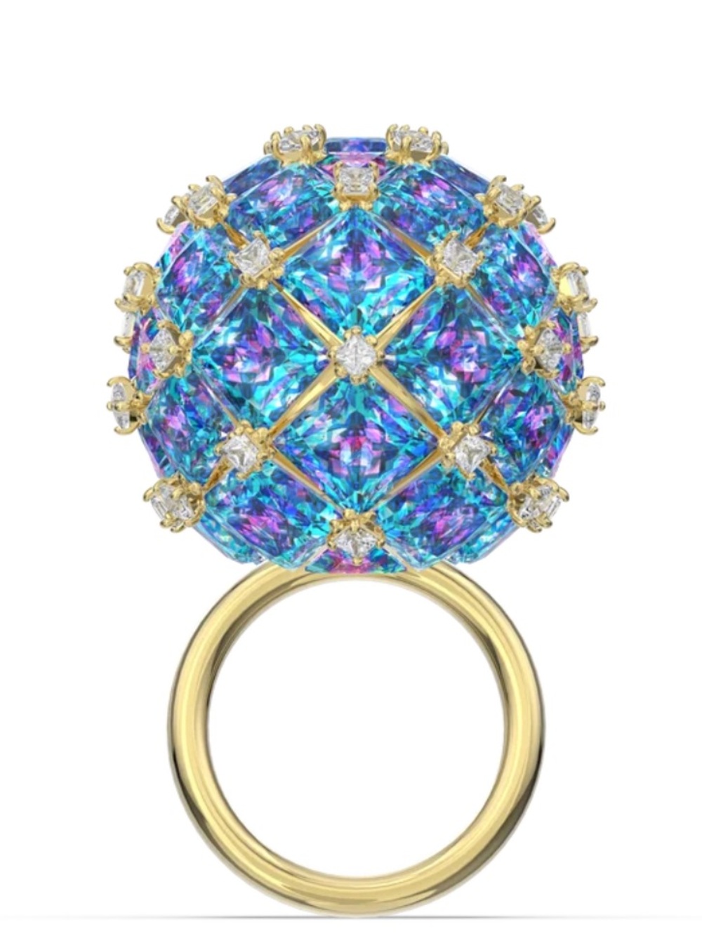 Swarovski Gold Ring with Iridescent Blue-Purple Crystal Dome - Picture 5 of 17